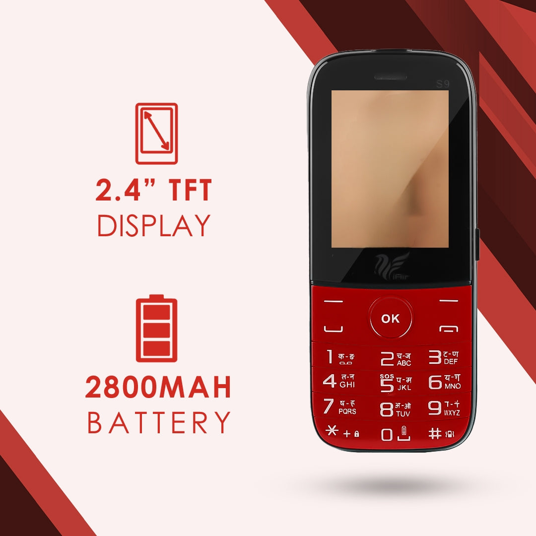 IAIR S9- Red Twin Shade| Basic Feature Dual Sim Mobile Phone with 2800mAh Battery, 2.4 inch Display Screen, 0.8 mp Camera with Front Designer LED Light