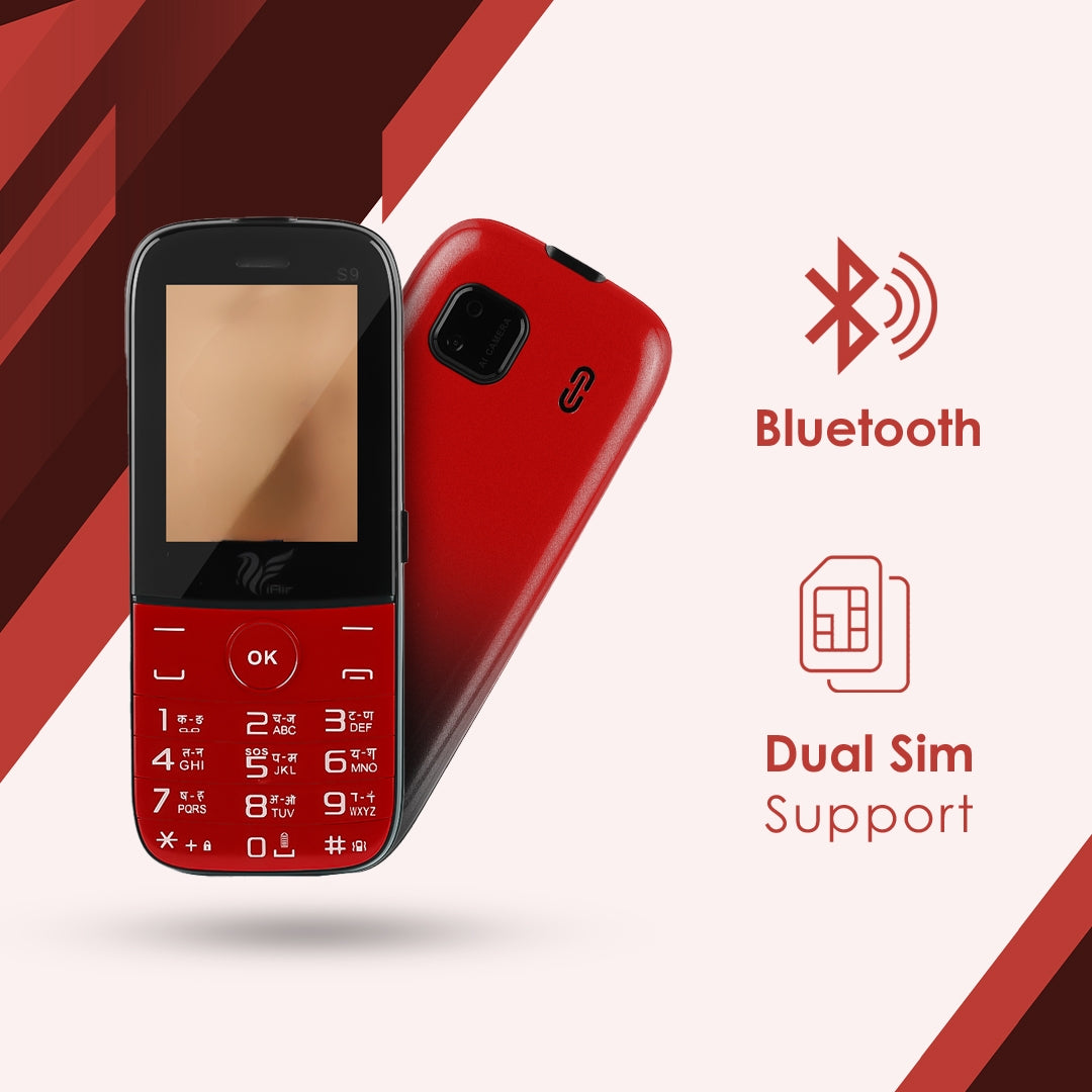 IAIR S9- Red Twin Shade| Basic Feature Dual Sim Mobile Phone with 2800mAh Battery, 2.4 inch Display Screen, 0.8 mp Camera with Front Designer LED Light
