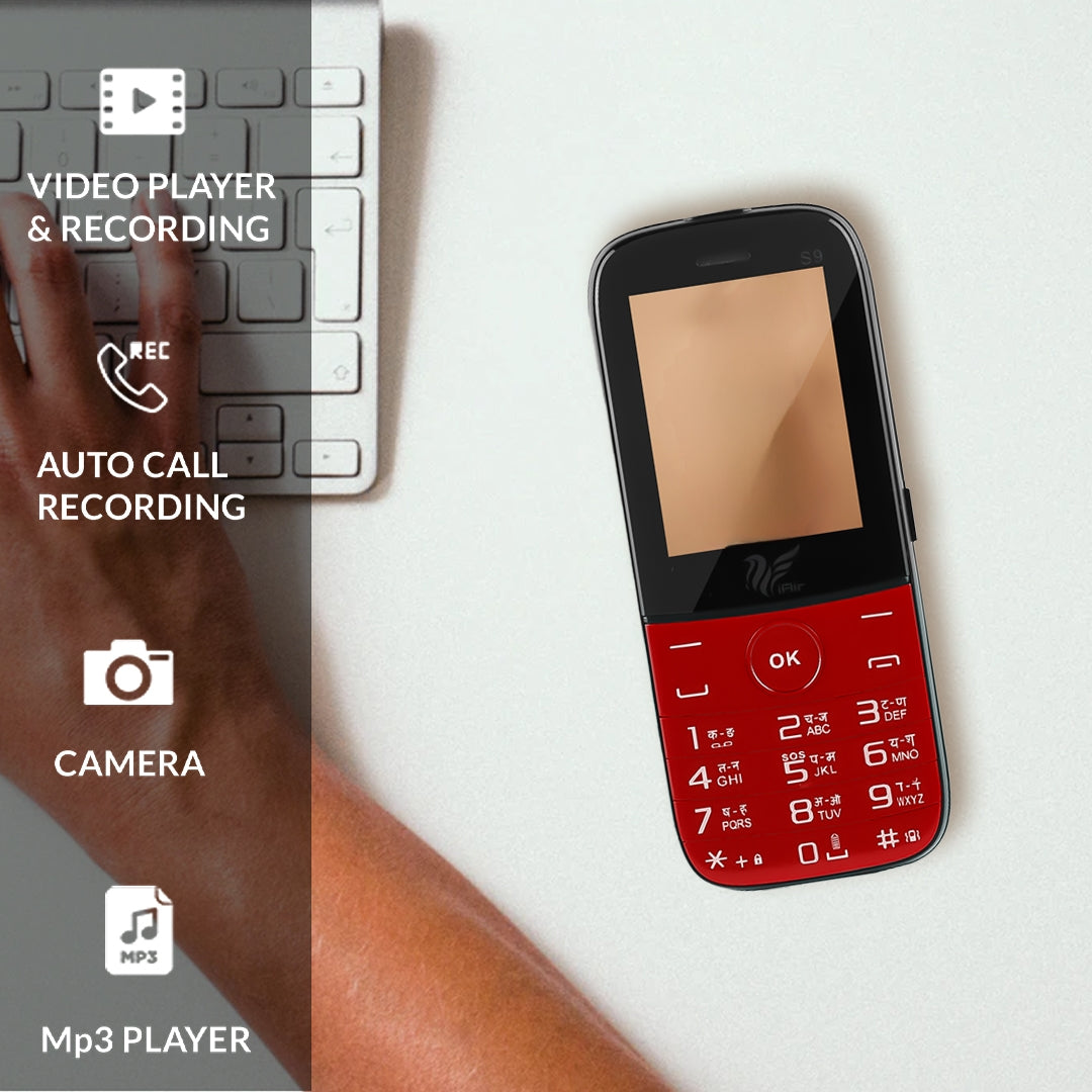IAIR S9- Red Twin Shade| Basic Feature Dual Sim Mobile Phone with 2800mAh Battery, 2.4 inch Display Screen, 0.8 mp Camera with Front Designer LED Light