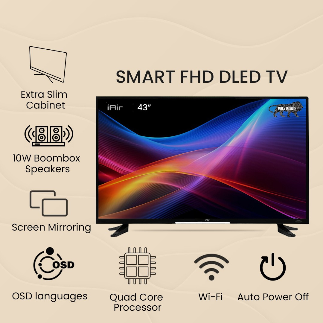 iAir 43 Inch Smart LED TV – Full HD Android TV with Voice Remote, Wi-Fi & Apps