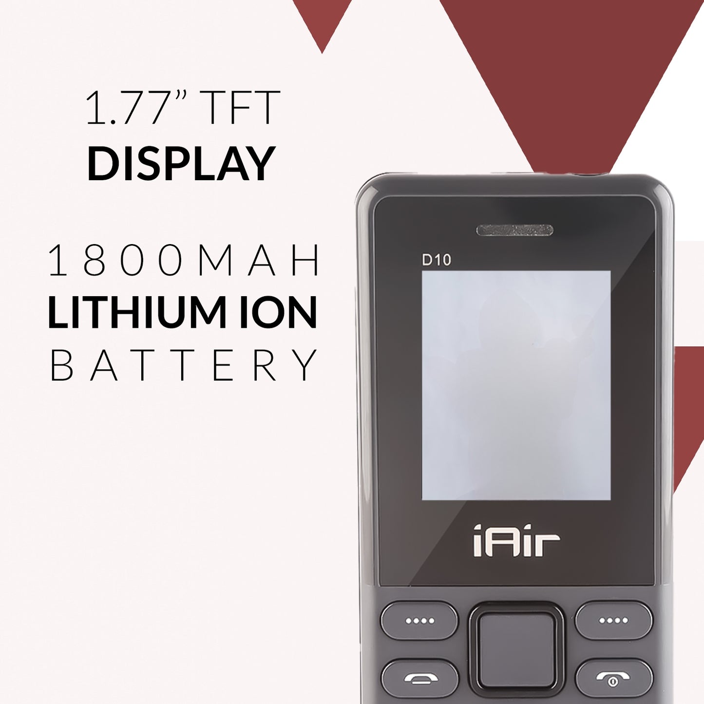 iAir D10 Mini - Grey Dual Sim Keypad Phone | 1800 mAH Battery & Big 1.88 Inch Display | Big Torch Light | Wireless FM & Rear Camera | Auto Call Recording | Dual Sim Support | 32 MB Ram & Storage