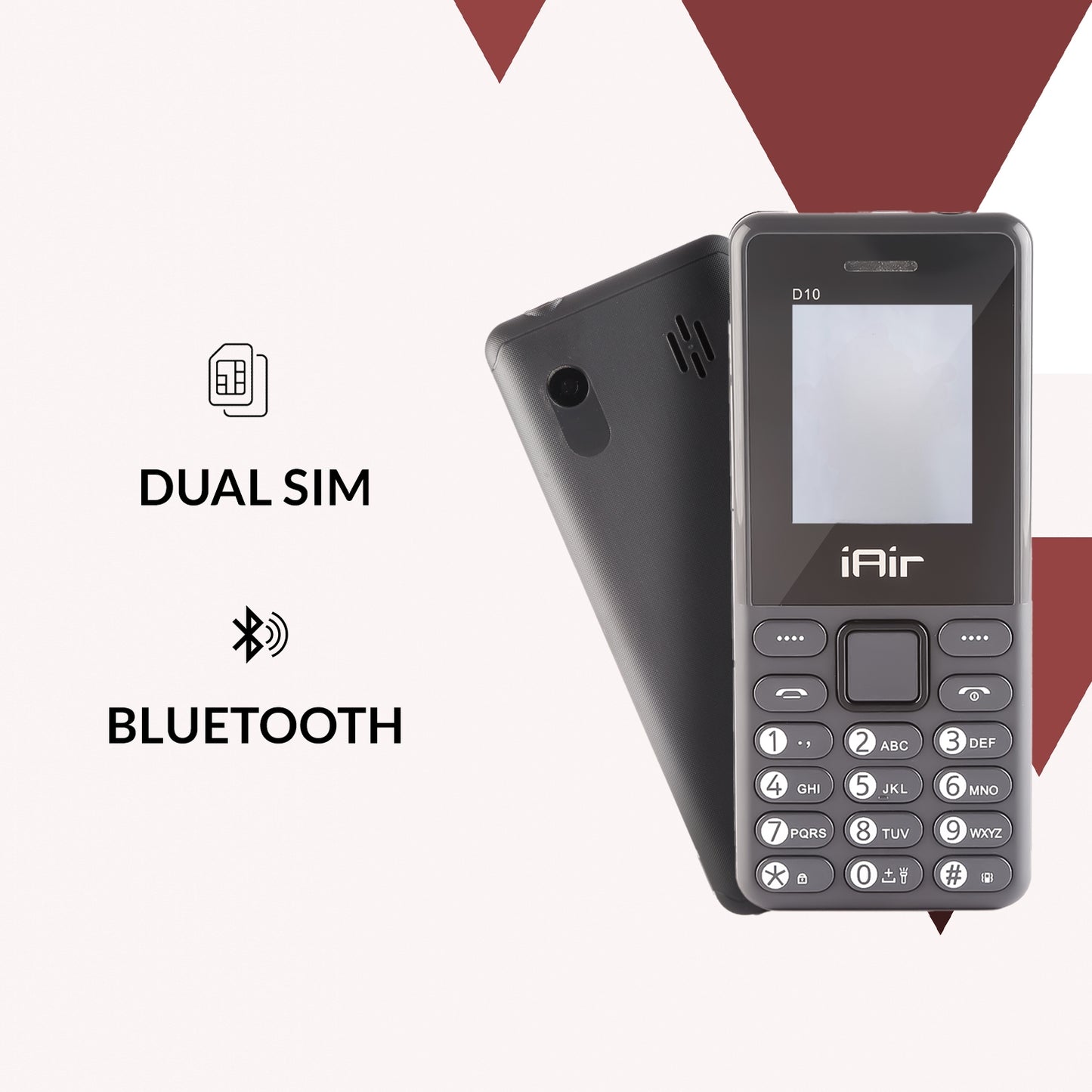 iAir D10 Mini - Grey Dual Sim Keypad Phone | 1800 mAH Battery & Big 1.88 Inch Display | Big Torch Light | Wireless FM & Rear Camera | Auto Call Recording | Dual Sim Support | 32 MB Ram & Storage
