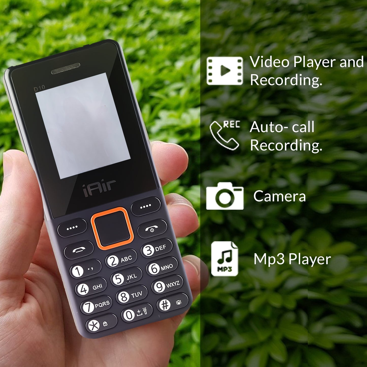 iAir D10Mini Dual Sim Keypad Phone | 1800 mAH Battery & Big 1.88 Inch Display | Big Torch Light | Wireless FM & Rear Camera | Auto Call Recording | Dual Sim Support | 32 MB Ram & Storage