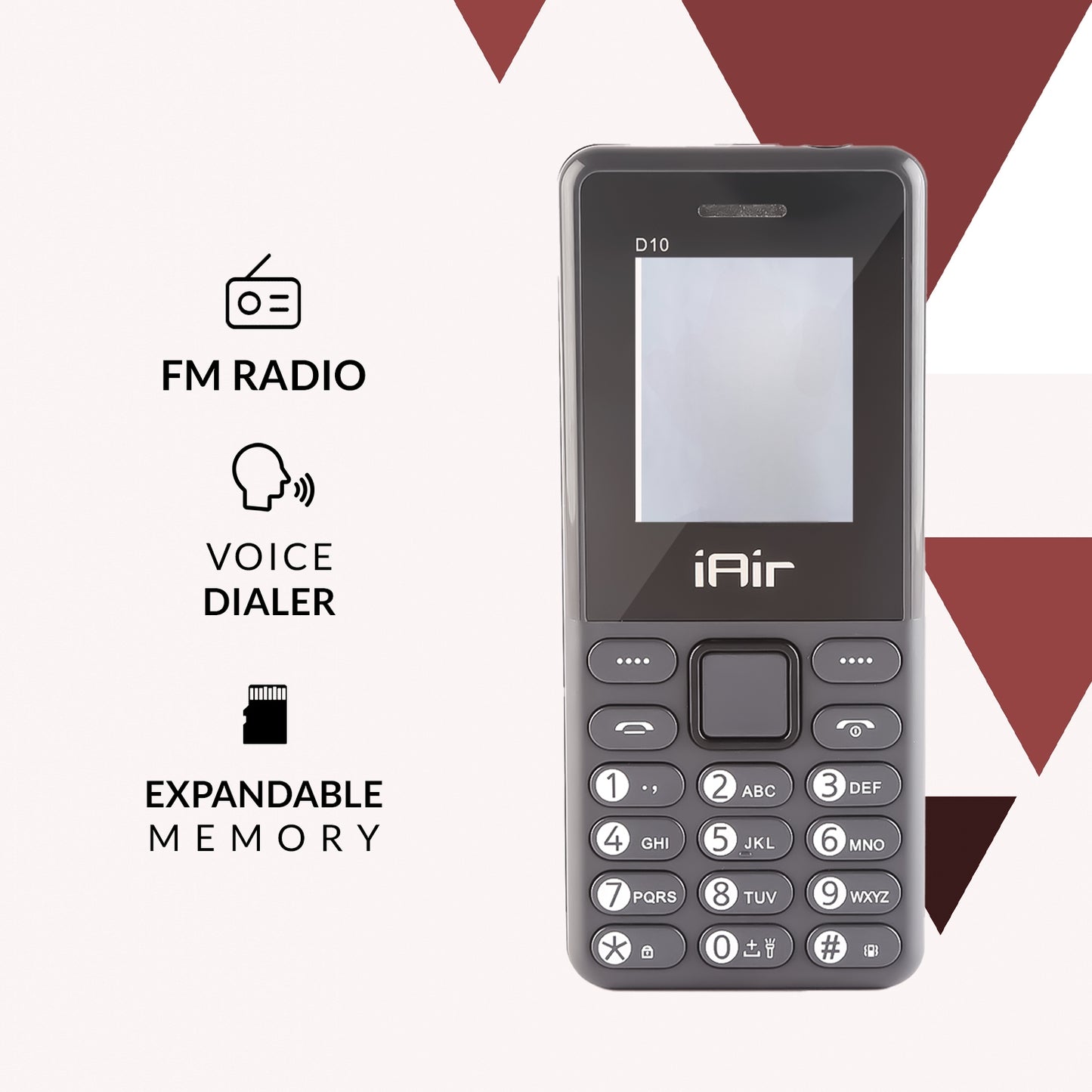 iAir D10 Mini - Grey Dual Sim Keypad Phone | 1800 mAH Battery & Big 1.88 Inch Display | Big Torch Light | Wireless FM & Rear Camera | Auto Call Recording | Dual Sim Support | 32 MB Ram & Storage