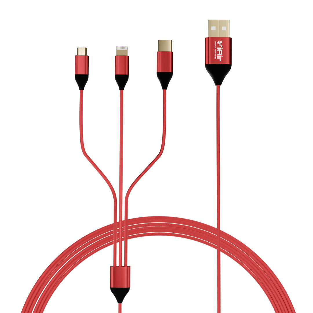 iAir D14 Nylon Braided 1.2 Meter 3 in 1 multi charger cable for fast charging with Lightning, Type C, Micro USb Port - 3 in 1 Multi all compatable charging cable with voltage control