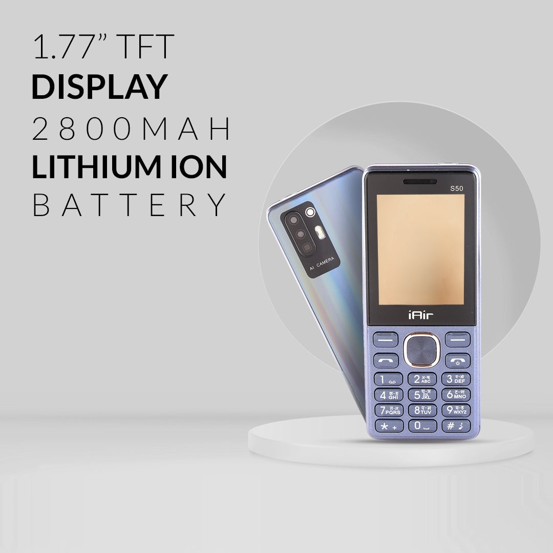 iAir S50 - Bifrost Blue Dual Sim Keypad Phone | 2800 mAH Battery & Big 2.4 Inch Display | Big Torch Light | Wireless FM & Rear Camera | Auto Call Recording | 32 MB Ram & Expandable 128gb Storage