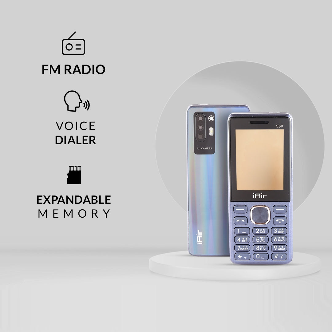 iAir S50 - Bifrost Blue Dual Sim Keypad Phone | 2800 mAH Battery & Big 2.4 Inch Display | Big Torch Light | Wireless FM & Rear Camera | Auto Call Recording | 32 MB Ram & Expandable 128gb Storage