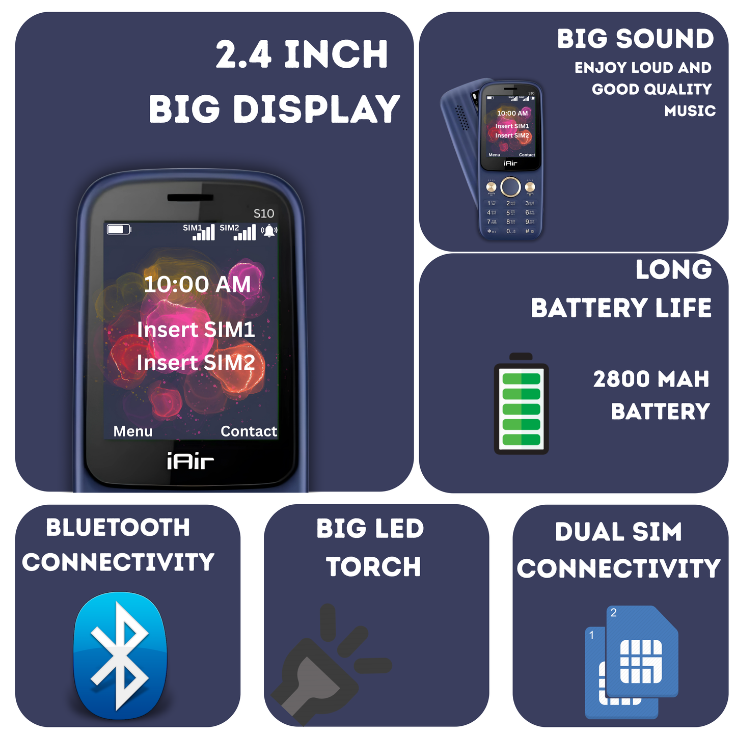 IAIR S10-Dark Blue Dual Sim Keypad Mobile Phone|2.4 Inch Big Display|2800 mAH Powerful Battery