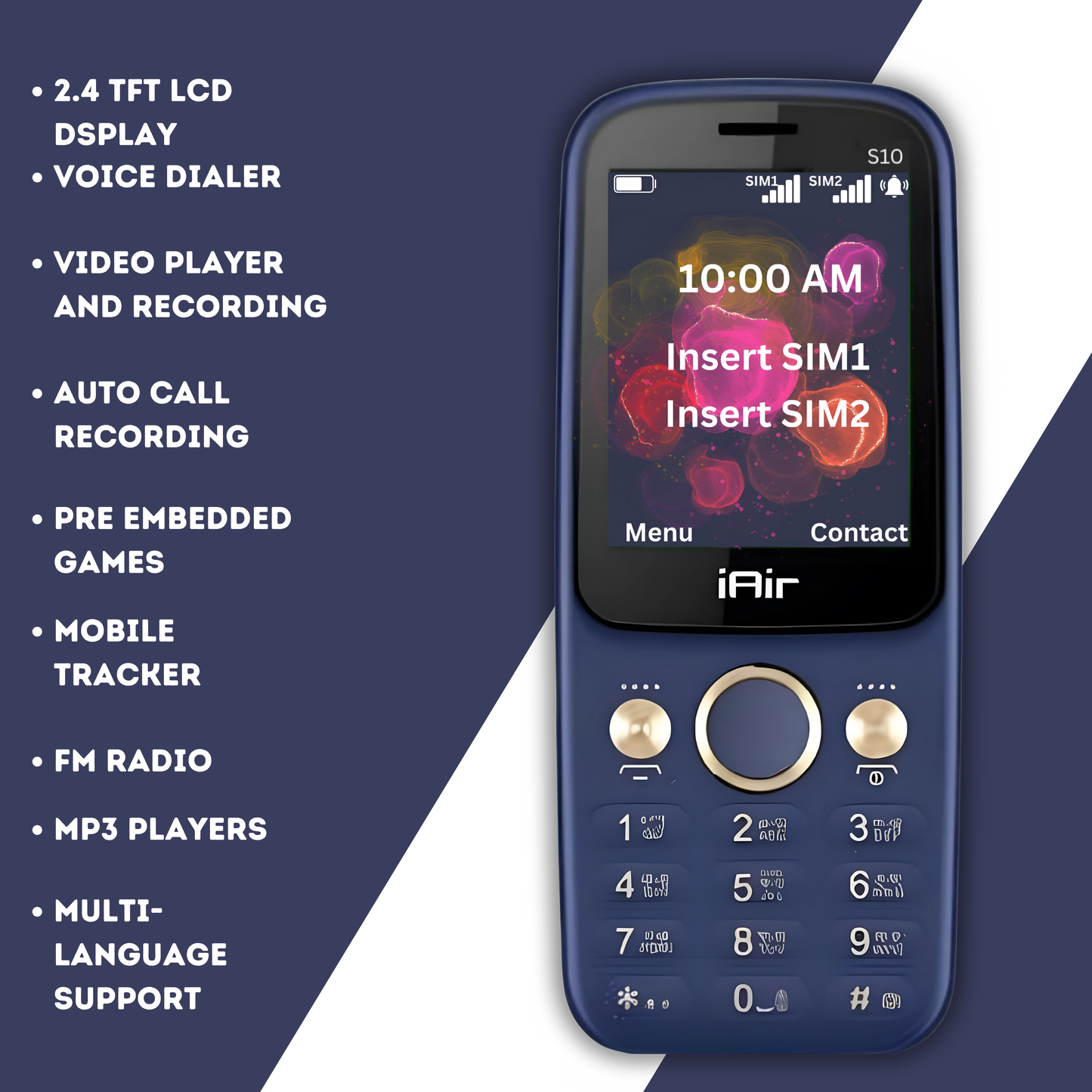 IAIR S10-Dark Blue Dual Sim Keypad Mobile Phone|2.4 Inch Big Display|2800 mAH Powerful Battery