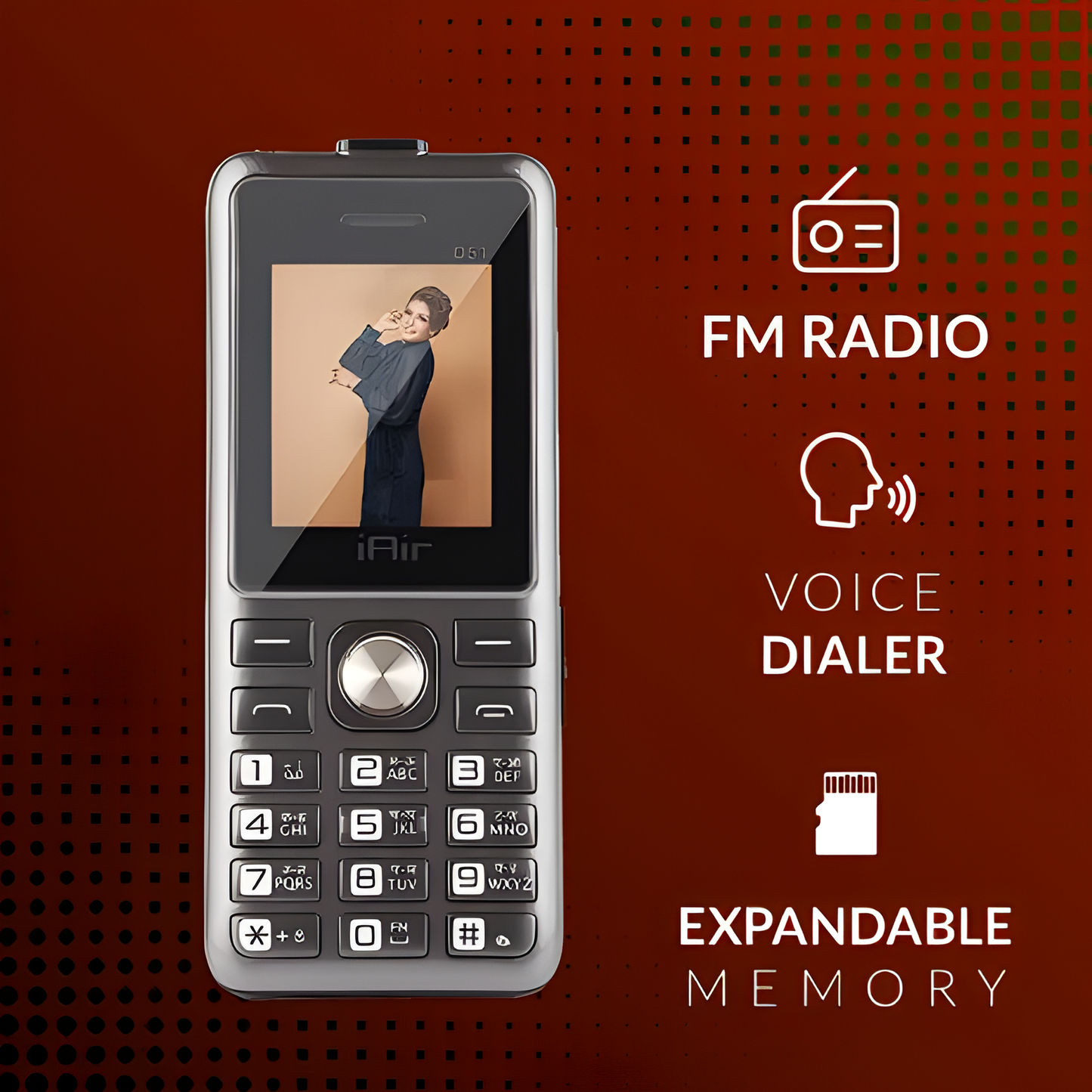 IAIR D51-Grey Basic Feature Dual Sim Mobile Phone with 2800mAh Big Battery, 1.77 inch Display Screen, 0.8 mp Smart Camera with Big LED Torch