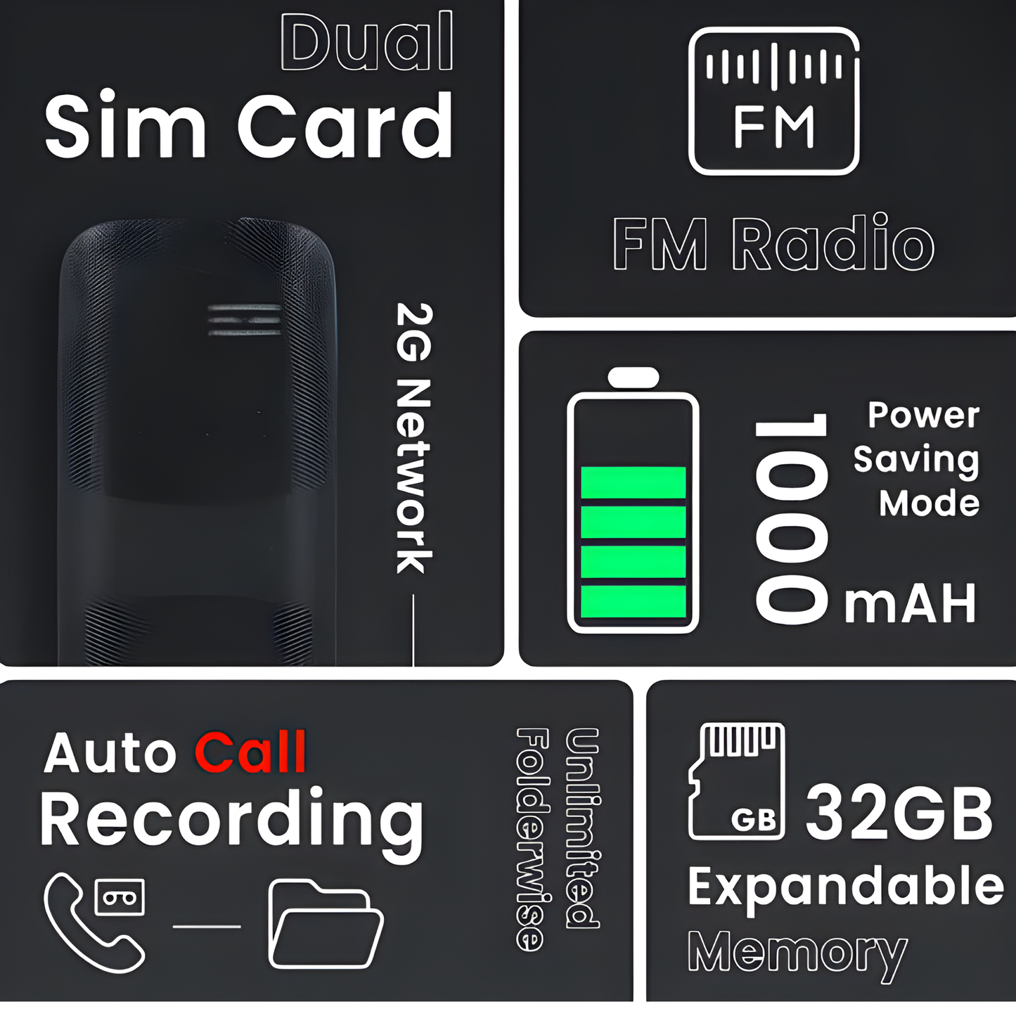 IAIR D1-Black 1.8 Inch Huge Display Keypad Mobile Phone with Expandable Storage Upto 32GB