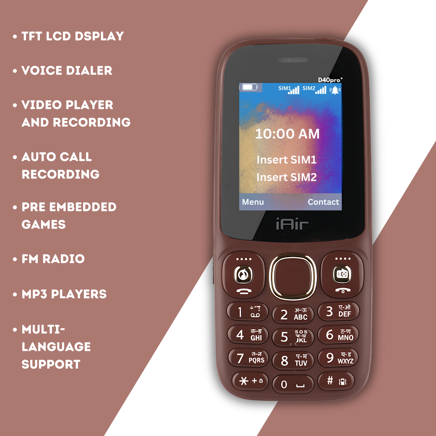 IAIR D40 PRO-Dark Red Keypad Mobile Phone with Wired Earphone | Dual Sim|1.8 Inch Big Display| FM Radio