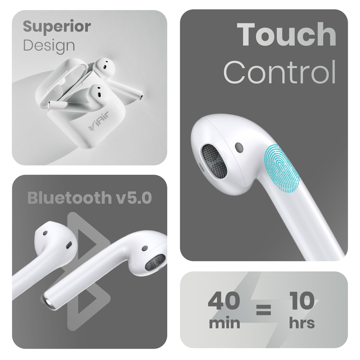 iAir B19 White Wireless Earbuds with Touch Control, Audio, Superior Design Bluetooth Headset (White, True Wireless)