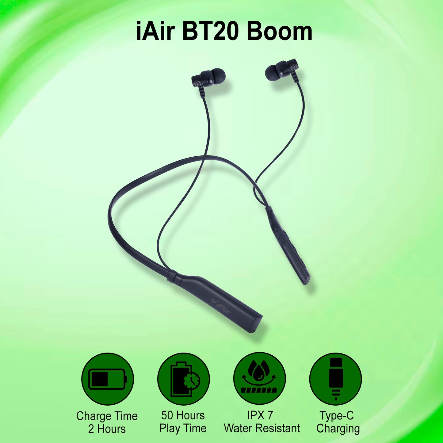 iAir B20 Boom 50 Hours Playtime | Dual Pairing | ASAP Charging | Crystal Clear Sound | Bluetooth Neckband l Vibration Call Alert