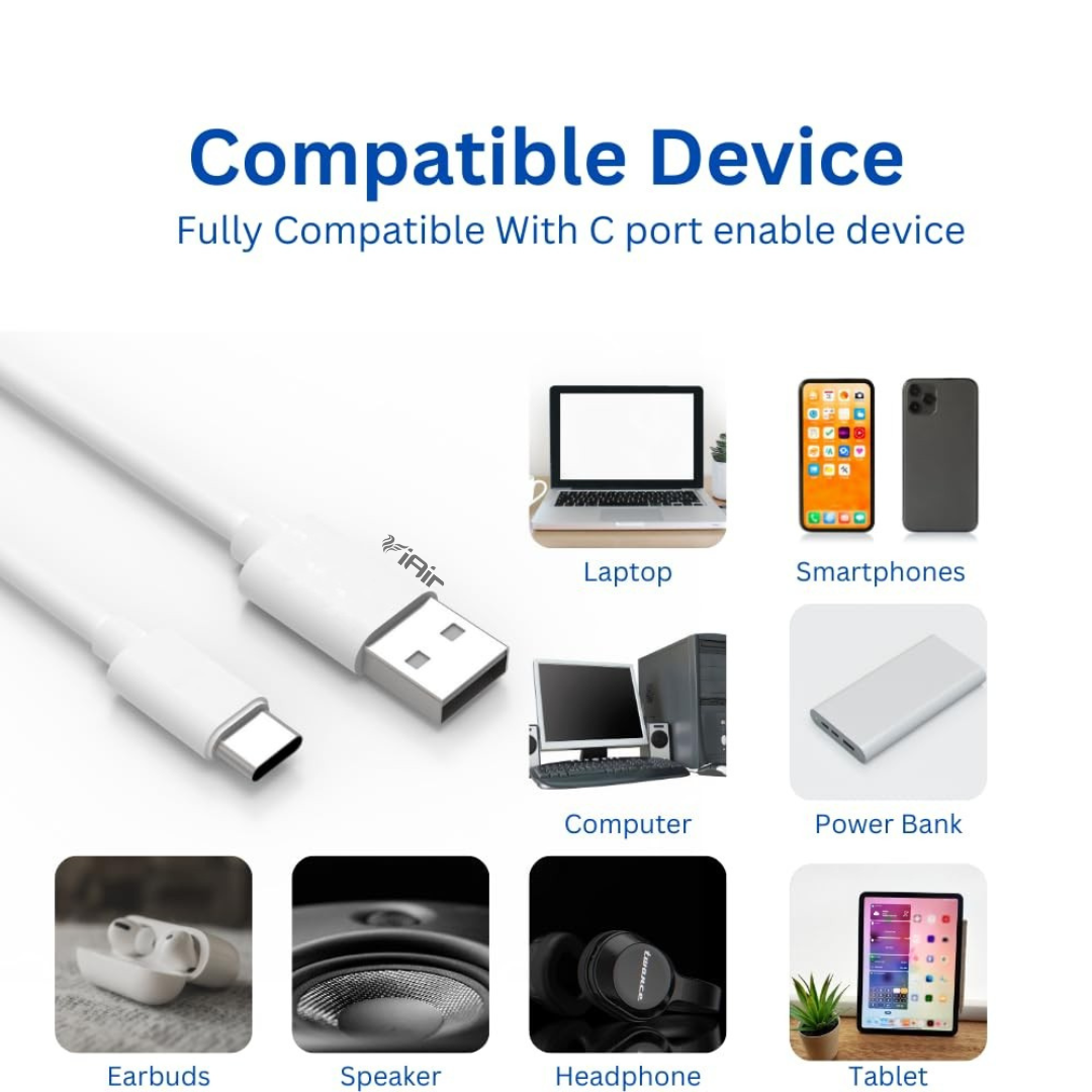 iAir I24 USB Type C Cable 1.5m, 2.4A Charge & Sync Cable, Fast Charging, Compatible with all Android Phones, Bluetooth Devices, Feature Phones (White)