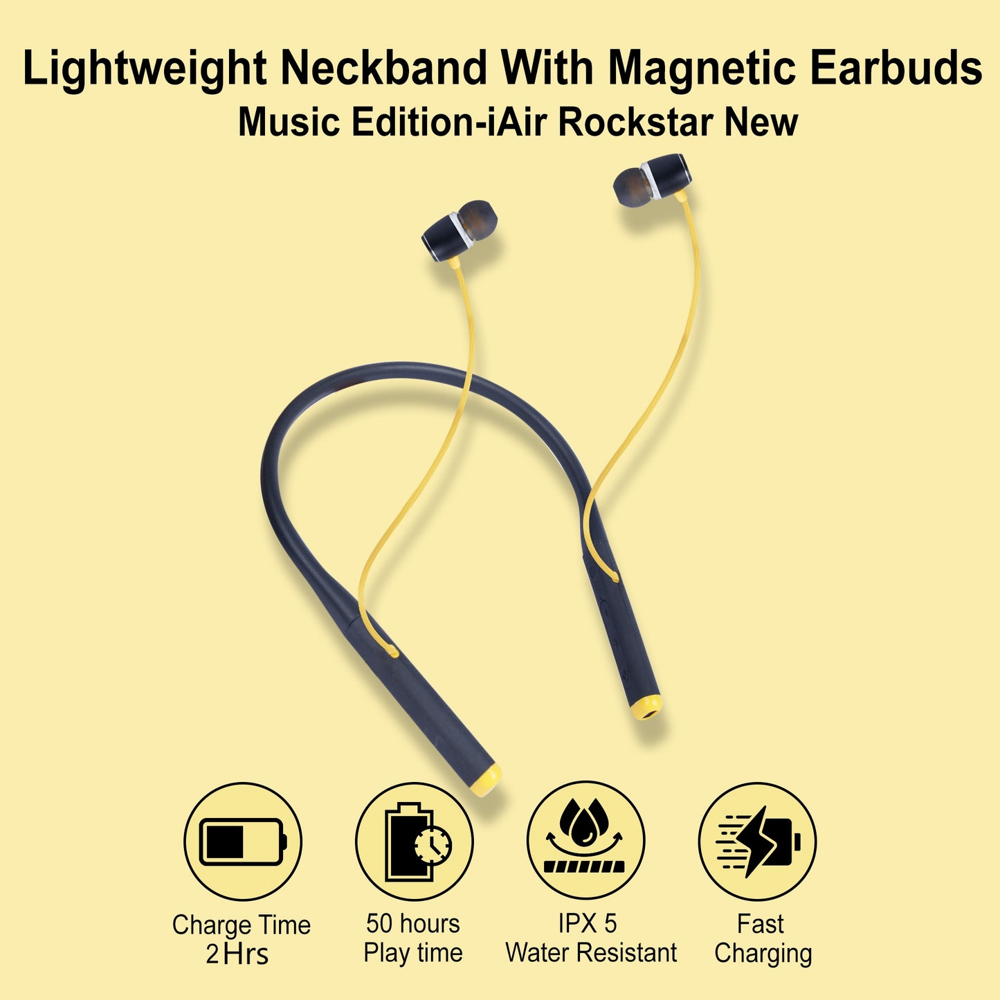 iAir Rockstar New | 50 Hrs playtime | Deep Bass | 10mm Driver | Dual Pairing | IPX5 | Bluetooth (Mate Black & Yellow, In the Ear)