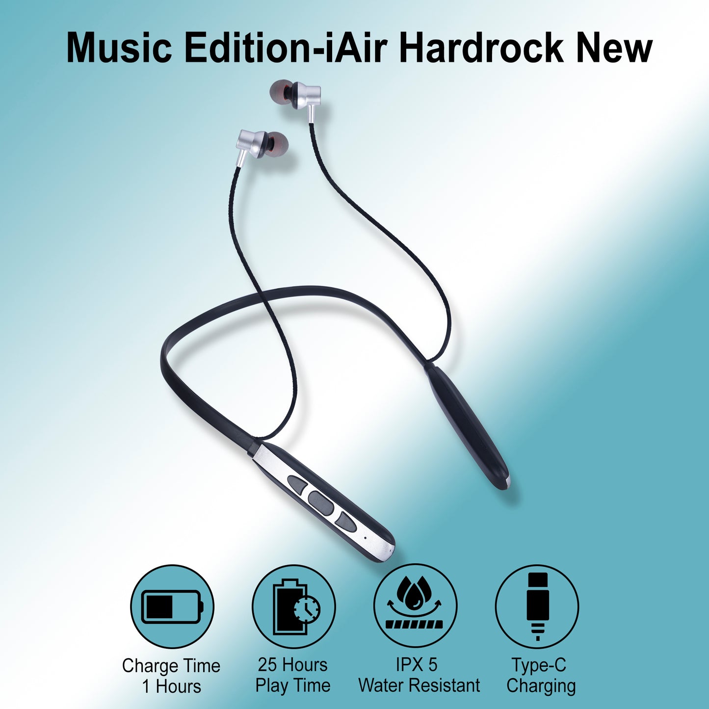 iAir Hardrock New | 25 Hrs Playtime | Type C Charging | 10mm Driver | IPX5 | Bluetooth Neckband