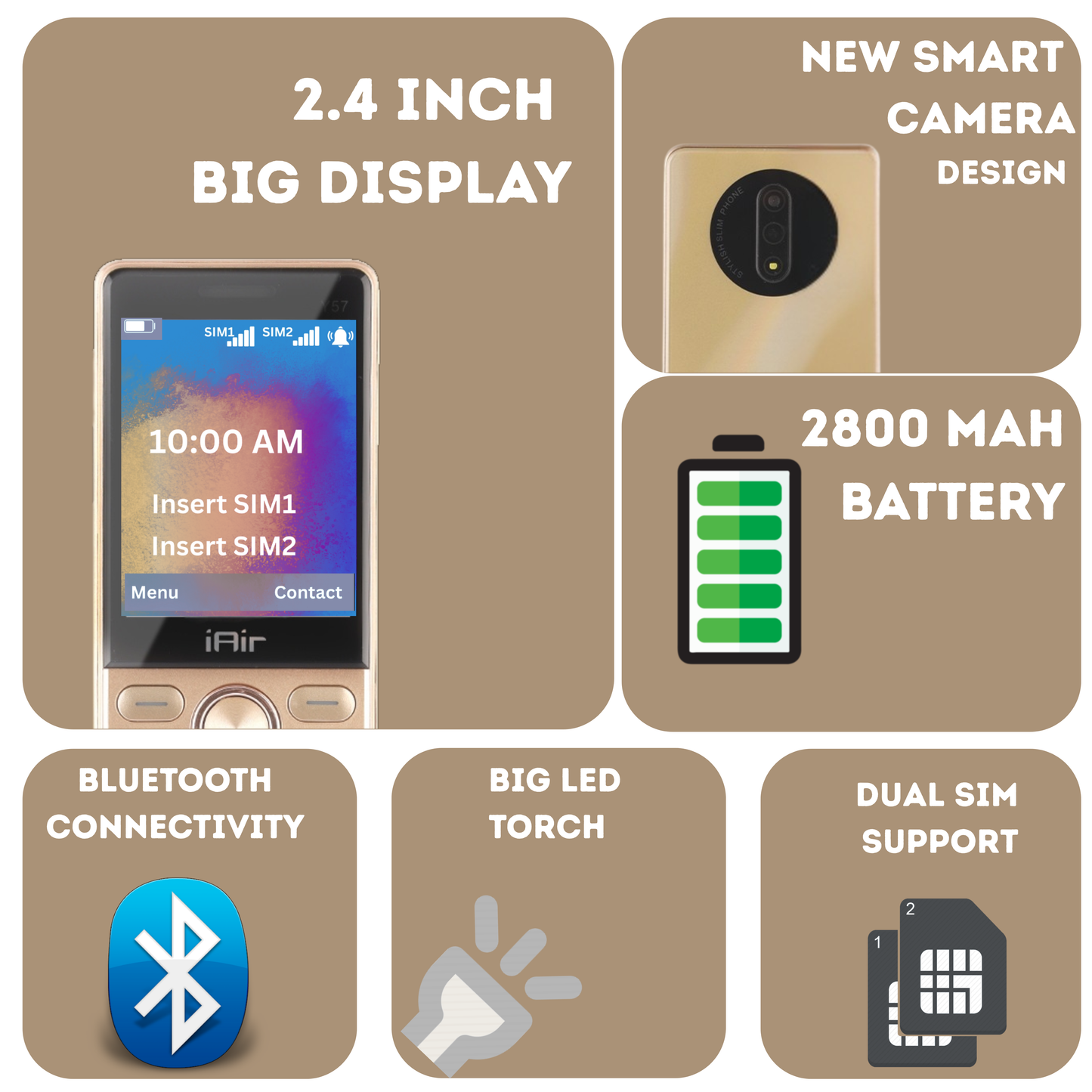 IAIR Y57-Mirror Gold Dual Sim Keypad Phone | 2800 mAH Battery & Big 2.8 Inch Display