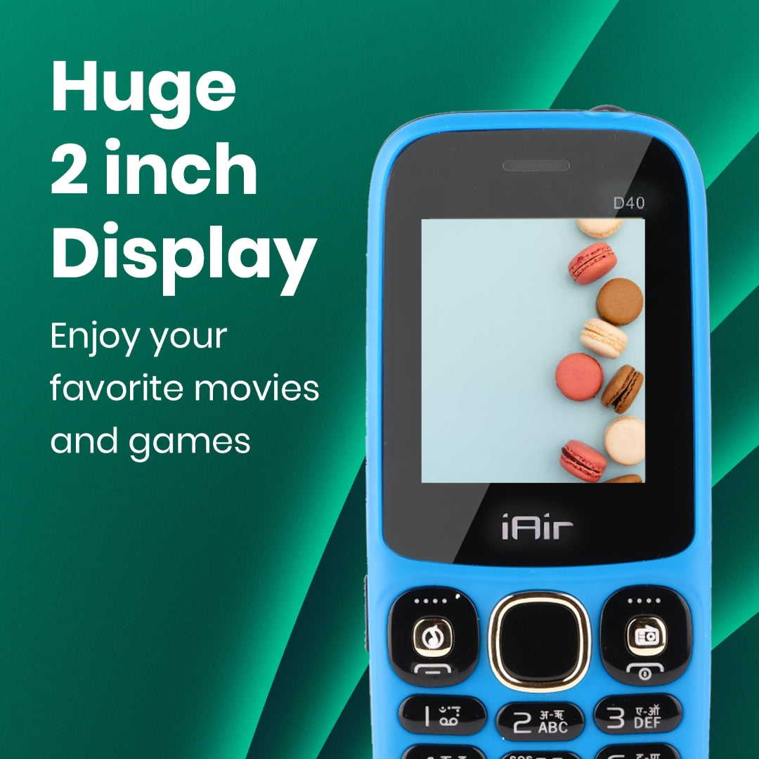 iAir D40 Dual Sim Keypad Phone | 1200 mAH Battery & Big 2 Inch Display | Big Torch Light | Wireless FM & Rear Camera | Auto Call Recording | Dual Sim Support | 32 MB Ram & Storage (Blue)