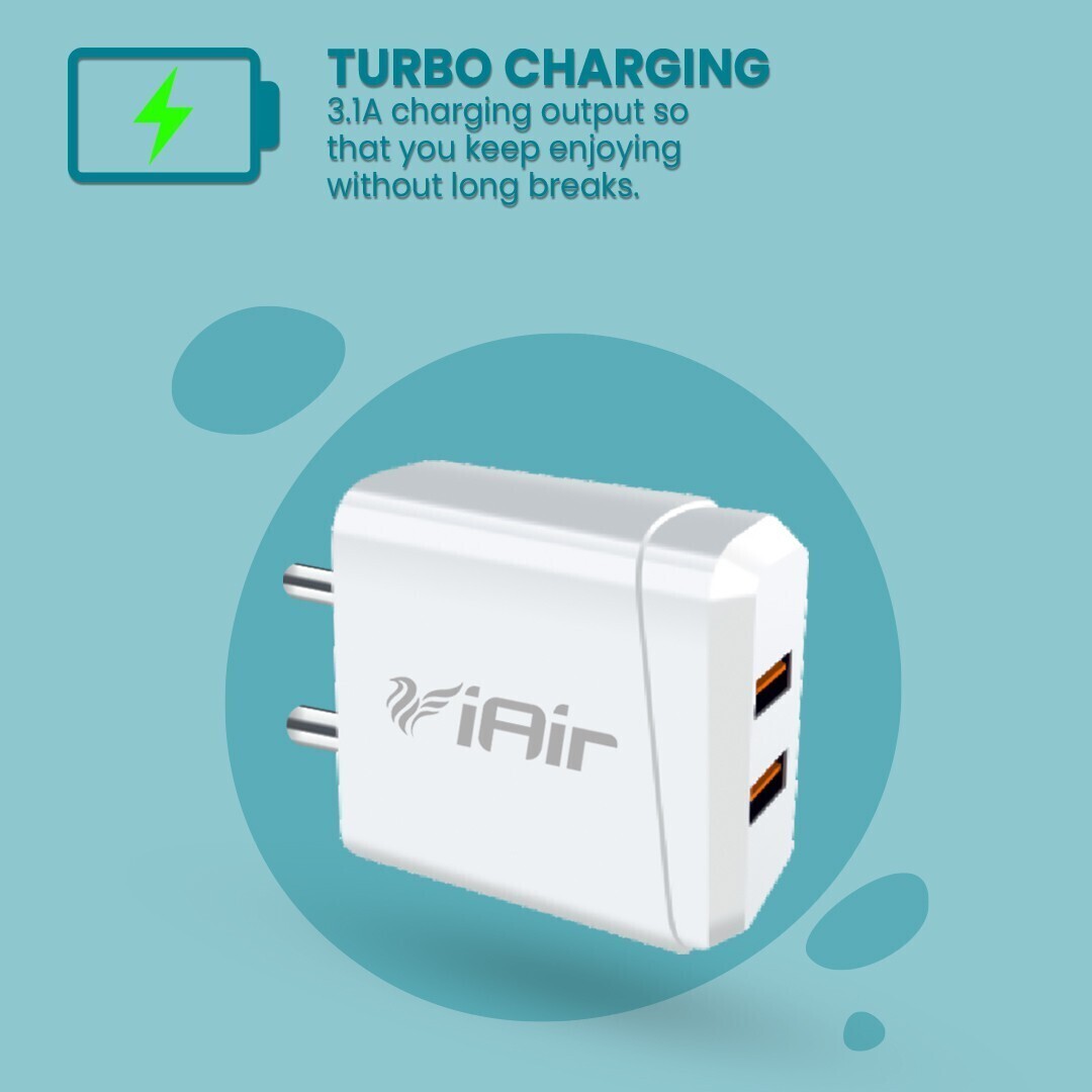 iAir C2 Dual Port Charging Adaptor Turbo Charging 2.4 A Wall Charger for Mobile with Detachable Cable