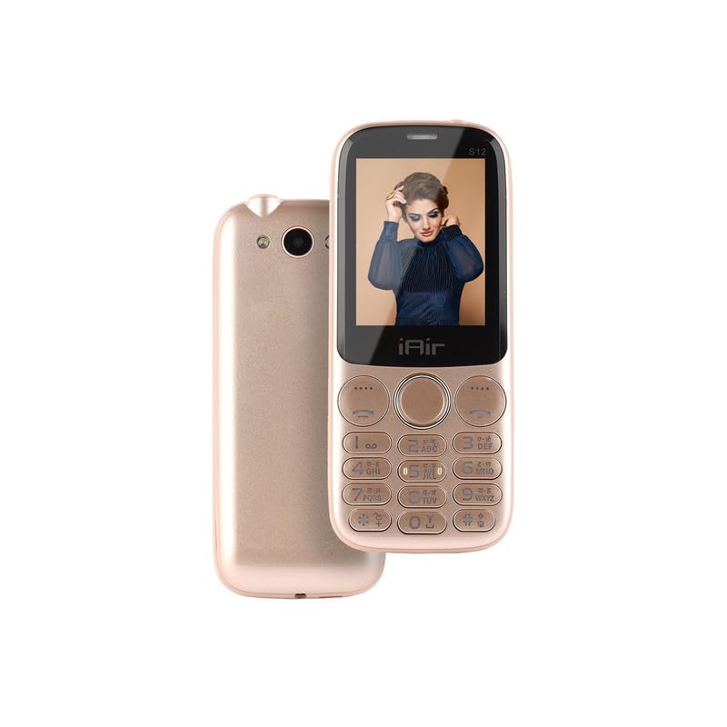 iAir S12 - Rose Gold Multimedia Feature Keypad Mobile Basic Bar Phone with Dual SIM, Rear Camera, Big Battery, Music Player, FM, Bluetooth, Support Multi Language, 3.5mm Audio Jack, Champagne