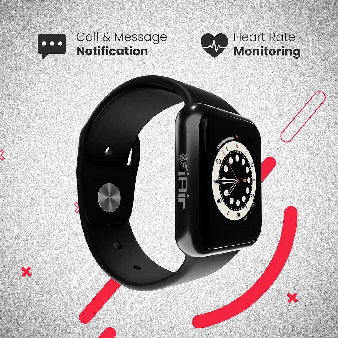 IAIR W5 | 1.7Inch HD Curve Display | Bluetooth Calling | Multi Sport Mode | Smartwatch (Crow Black Strap, Standard)