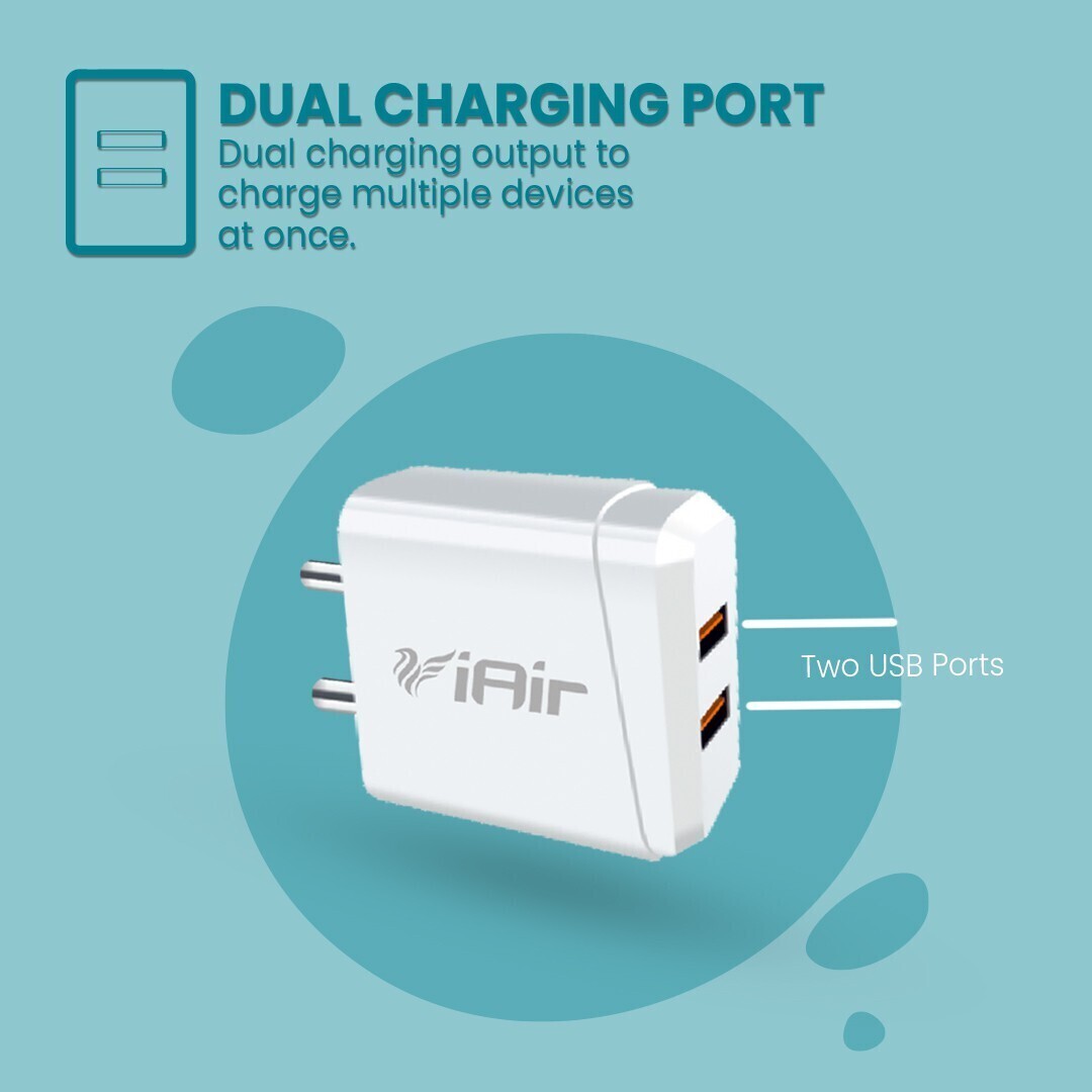 iAir C2 Dual Port Charging Adaptor Turbo Charging 2.4 A Wall Charger for Mobile with Detachable Cable