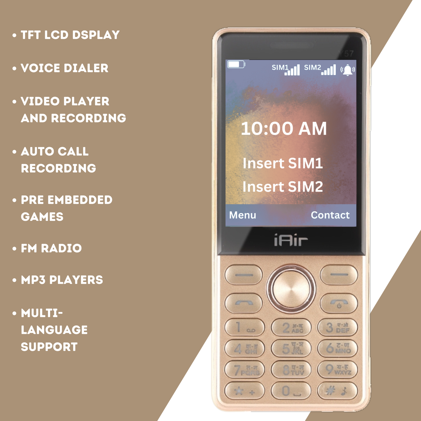 IAIR Y57-Mirror Gold Dual Sim Keypad Phone | 2800 mAH Battery & Big 2.8 Inch Display