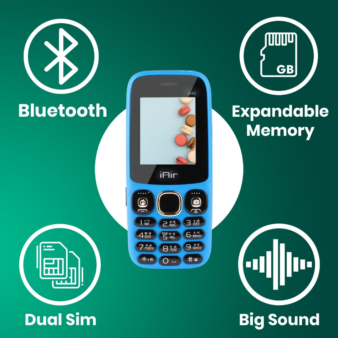 iAir D40 Dual Sim Keypad Phone | 1200 mAH Battery & Big 2 Inch Display | Big Torch Light | Wireless FM & Rear Camera | Auto Call Recording | Dual Sim Support | 32 MB Ram & Storage (Blue)
