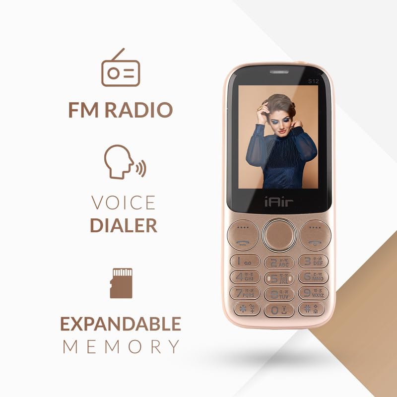iAir S12 - Rose Gold Multimedia Feature Keypad Mobile Basic Bar Phone with Dual SIM, Rear Camera, Big Battery, Music Player, FM, Bluetooth, Support Multi Language, 3.5mm Audio Jack, Champagne