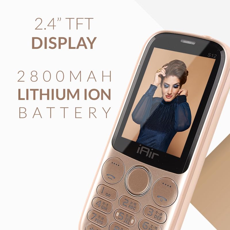 iAir S12 - Rose Gold Multimedia Feature Keypad Mobile Basic Bar Phone with Dual SIM, Rear Camera, Big Battery, Music Player, FM, Bluetooth, Support Multi Language, 3.5mm Audio Jack, Champagne