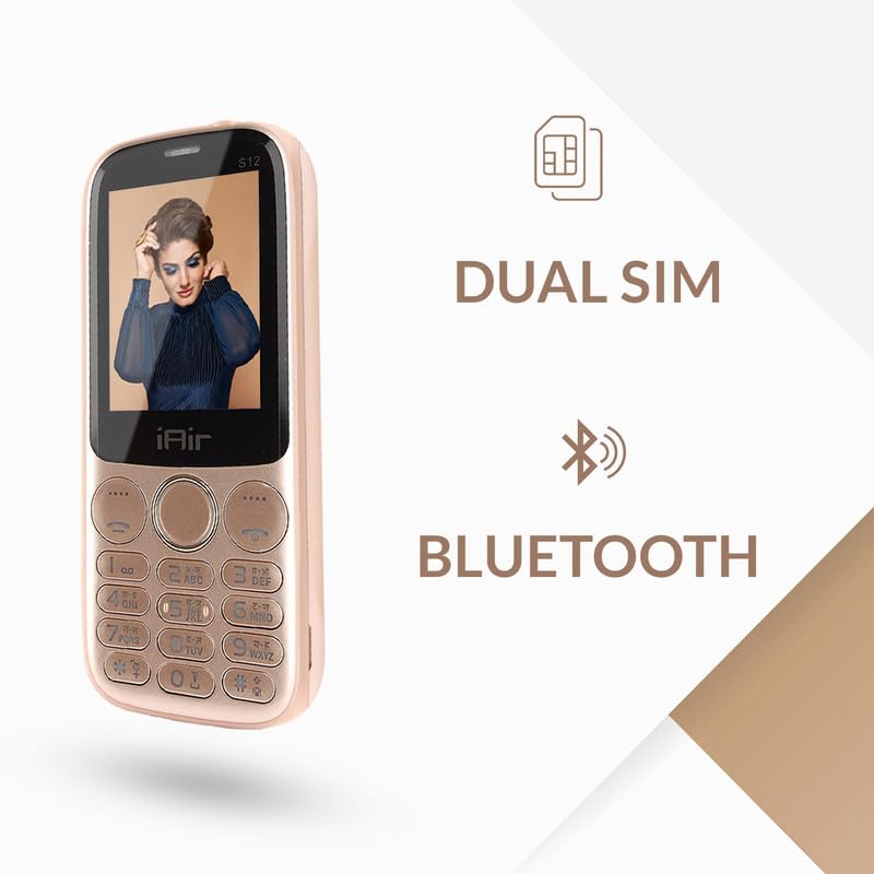 iAir S12 - Rose Gold Multimedia Feature Keypad Mobile Basic Bar Phone with Dual SIM, Rear Camera, Big Battery, Music Player, FM, Bluetooth, Support Multi Language, 3.5mm Audio Jack, Champagne