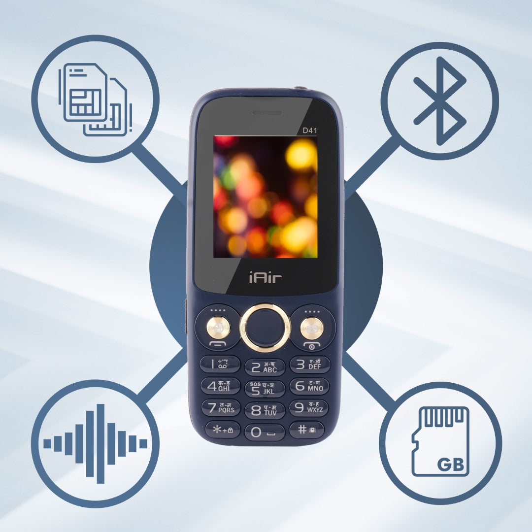 IAIR D41 Blue Dual Sim Keypad Mobile Phone | 1200 mAH Battery, 2 Inch Big Display
