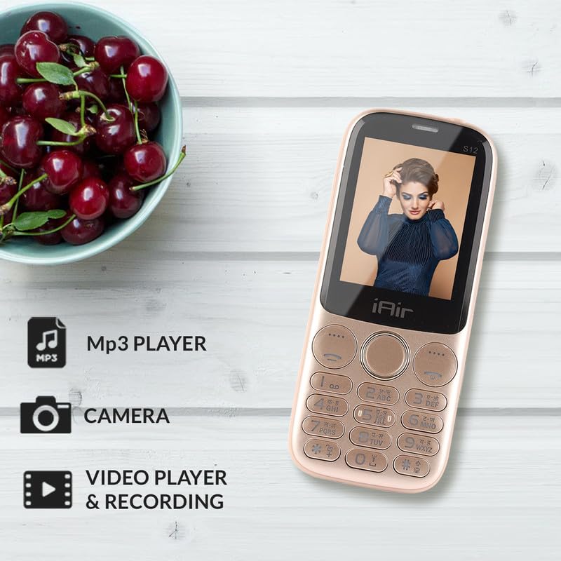 iAir S12 - Rose Gold Multimedia Feature Keypad Mobile Basic Bar Phone with Dual SIM, Rear Camera, Big Battery, Music Player, FM, Bluetooth, Support Multi Language, 3.5mm Audio Jack, Champagne