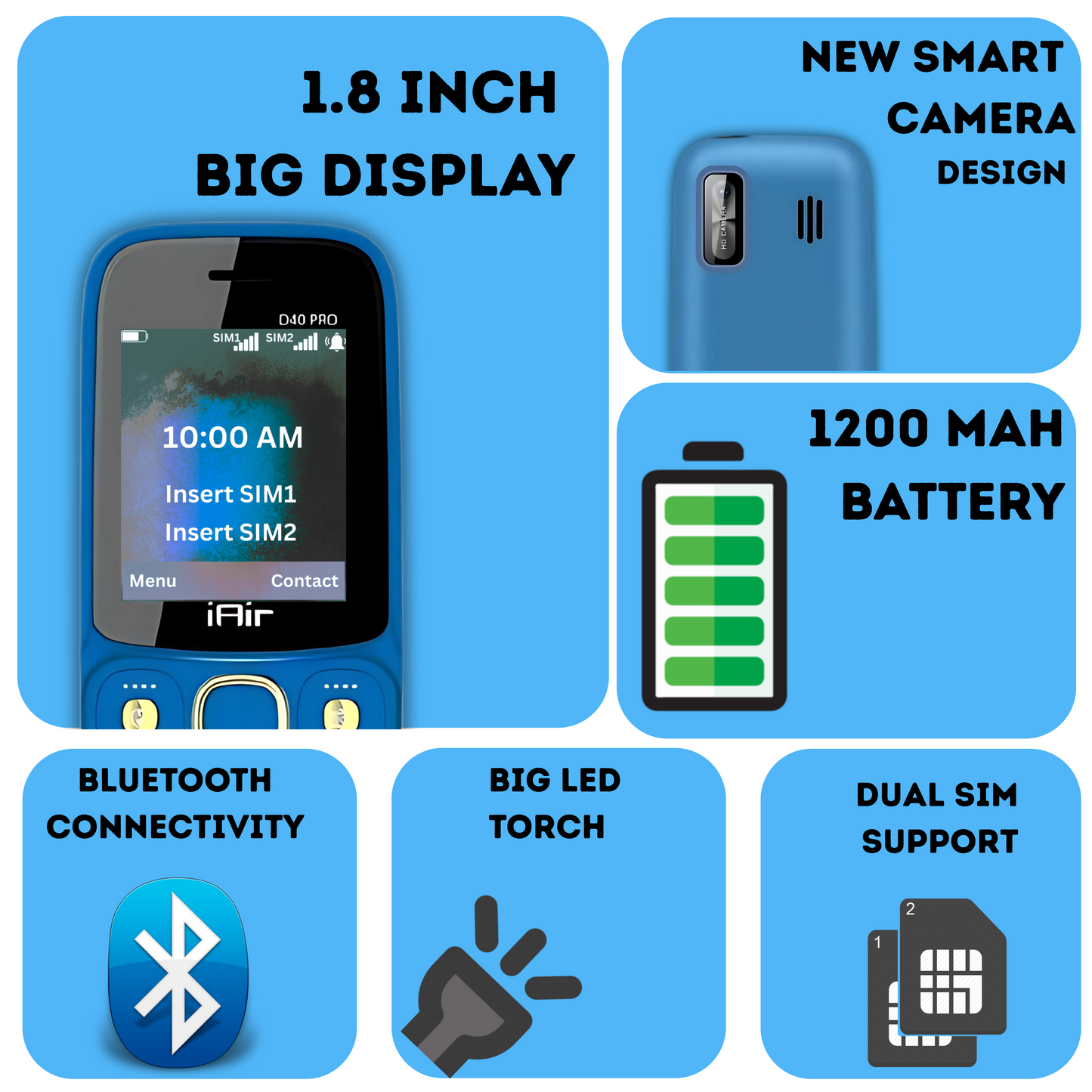 IAIR D40Pro-Blue Dual Sim Keypad Phone | 1200 mAH Battery & Big 1.8 Inch Display