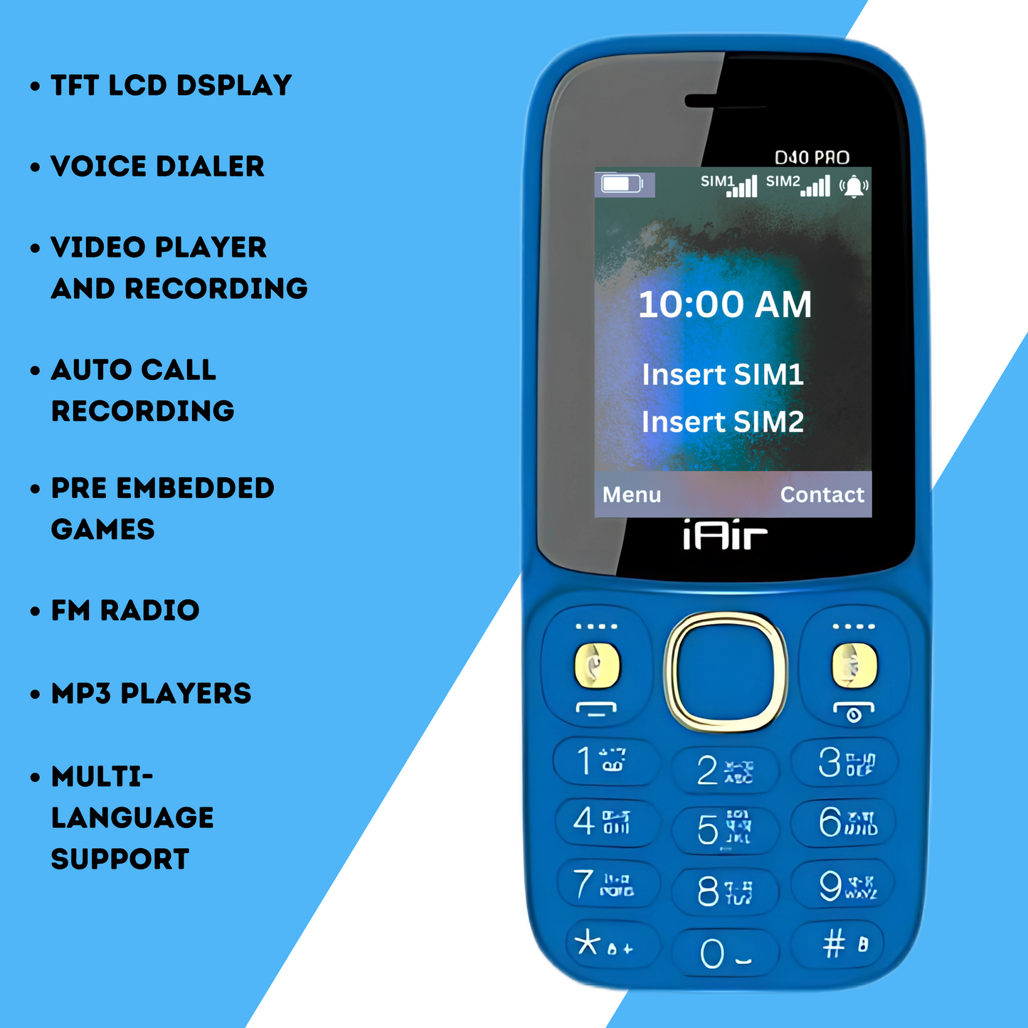 IAIR D40Pro-Blue Dual Sim Keypad Phone | 1200 mAH Battery & Big 1.8 Inch Display