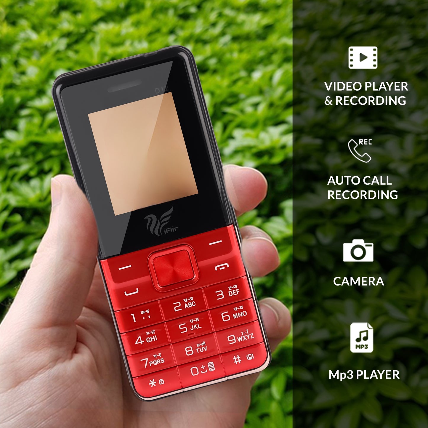 iAir D12 - Red Dual Sim Keypad Phone | 2800 mAH Battery & Big 1.88 Inch Display | Big Torch Light | Wireless FM & Rear Camera | Auto Call Recording | Dual Sim| 32 MB Ram & Expandable 128gb Storage