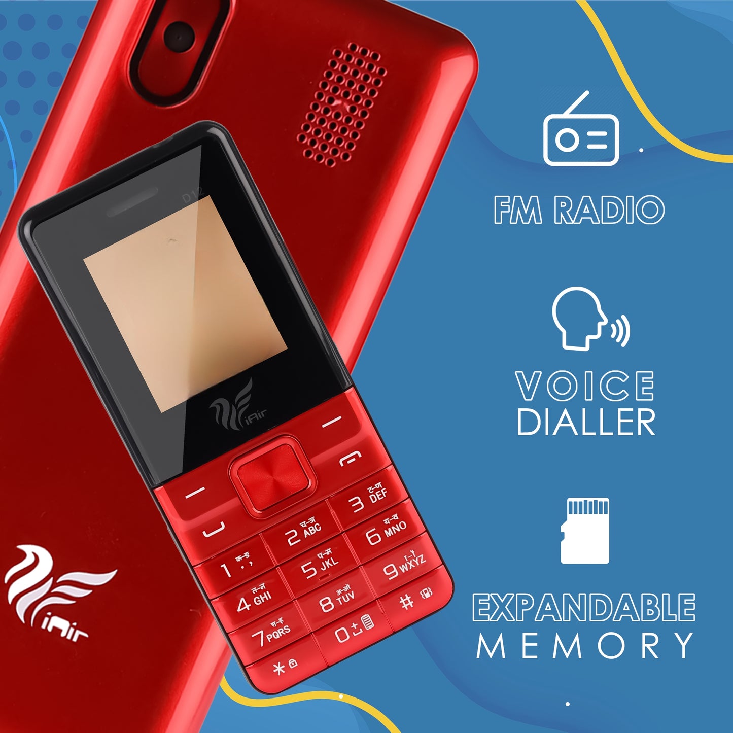 iAir D12 - Red Dual Sim Keypad Phone | 2800 mAH Battery & Big 1.88 Inch Display | Big Torch Light | Wireless FM & Rear Camera | Auto Call Recording | Dual Sim| 32 MB Ram & Expandable 128gb Storage