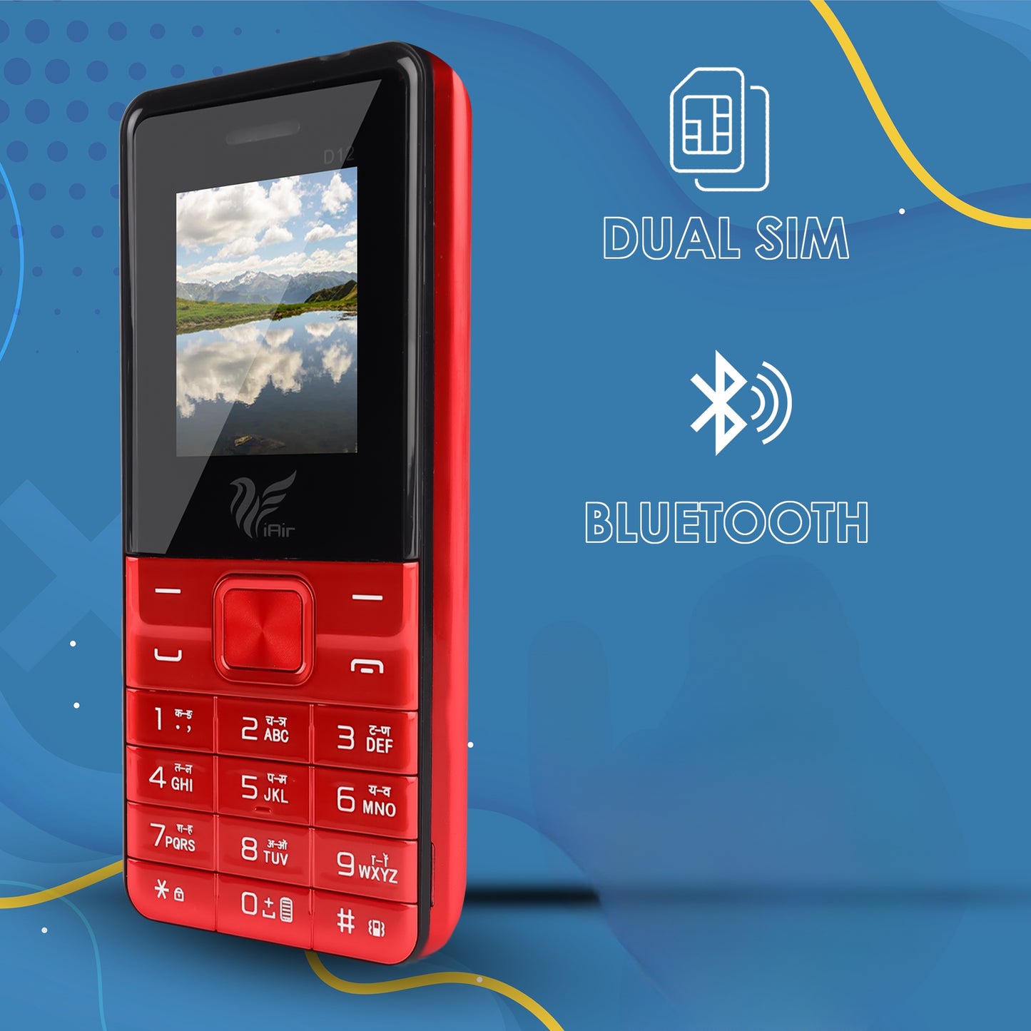 iAir D12 - Red Dual Sim Keypad Phone | 2800 mAH Battery & Big 1.88 Inch Display | Big Torch Light | Wireless FM & Rear Camera | Auto Call Recording | Dual Sim| 32 MB Ram & Expandable 128gb Storage