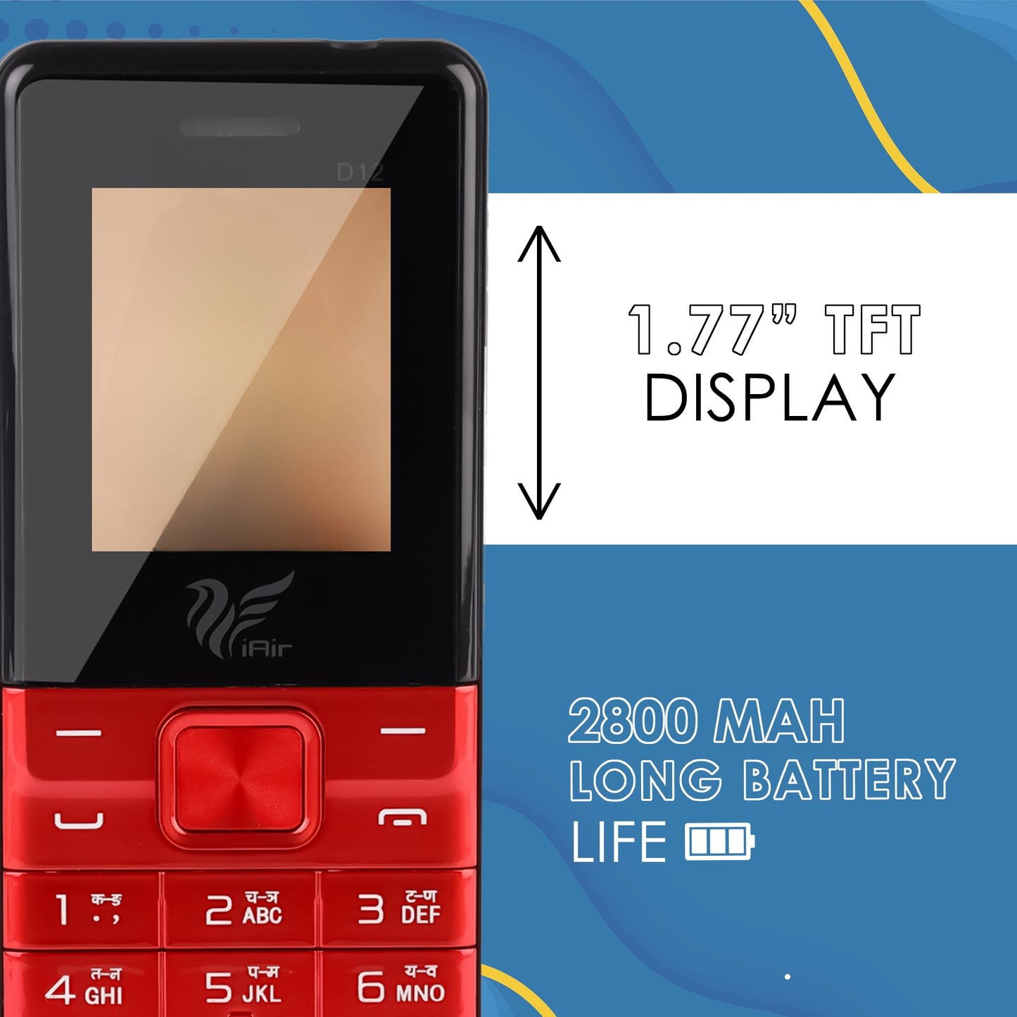 iAir D12 - Red Dual Sim Keypad Phone | 2800 mAH Battery & Big 1.88 Inch Display | Big Torch Light | Wireless FM & Rear Camera | Auto Call Recording | Dual Sim| 32 MB Ram & Expandable 128gb Storage