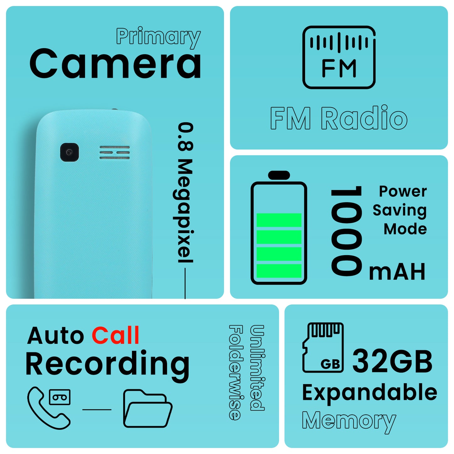 iAir D1 Keypad Mobile Phone| Dual Sim| 1200mh Battery, Expandable Storage Upto 32GB| MP3 with Recording, Camera