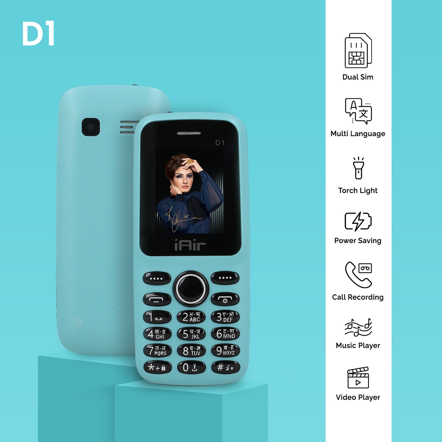 iAir D1 Keypad Mobile Phone| Dual Sim| 1200mh Battery, Expandable Storage Upto 32GB| MP3 with Recording, Camera