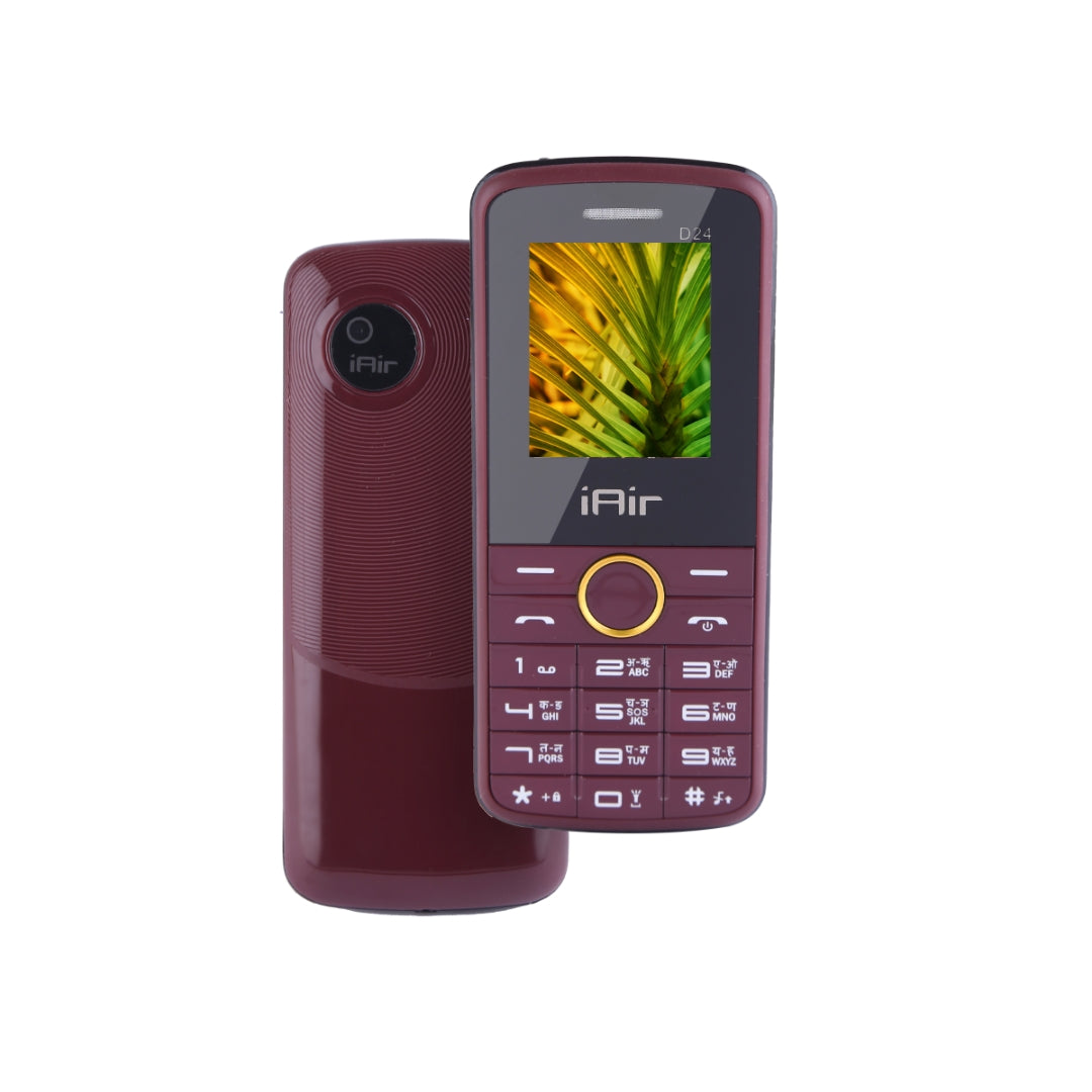 iAir D24- Maroon Dual Sim Keypad Phone | 1200 mAH Battery & Big 1.88 Inch Display | Big Torch Light | Wireless FM & Rear Camera | Auto Call Recording |32 MB Ram & 128gb Expandable Storage