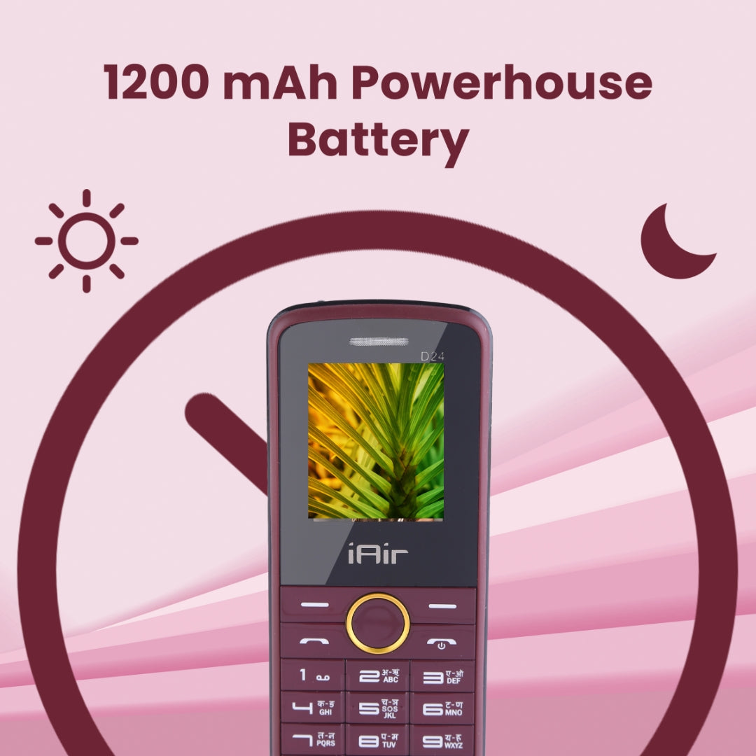 iAir D24- Maroon Dual Sim Keypad Phone | 1200 mAH Battery & Big 1.88 Inch Display | Big Torch Light | Wireless FM & Rear Camera | Auto Call Recording |32 MB Ram & 128gb Expandable Storage
