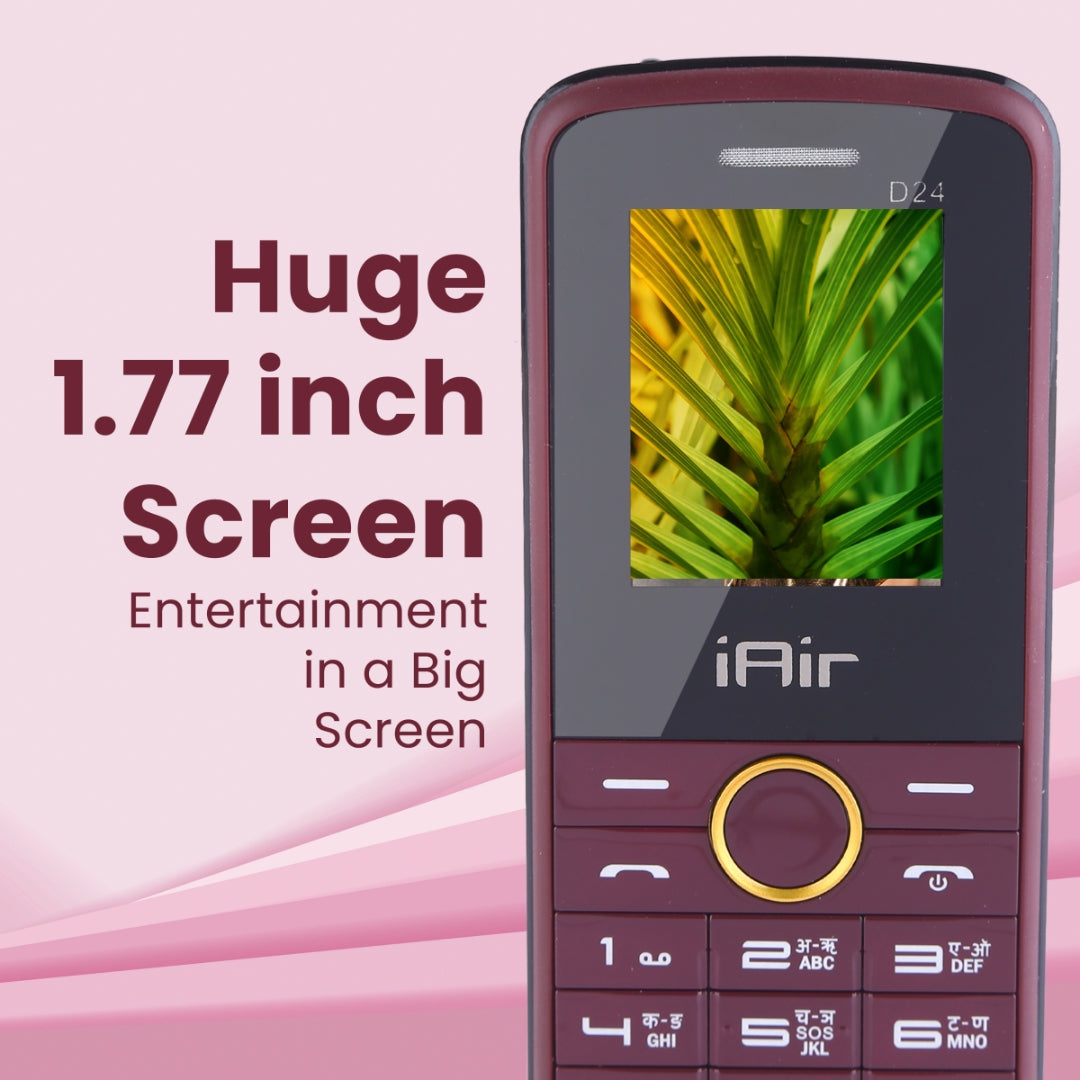 iAir D24- Maroon Dual Sim Keypad Phone | 1200 mAH Battery & Big 1.88 Inch Display | Big Torch Light | Wireless FM & Rear Camera | Auto Call Recording |32 MB Ram & 128gb Expandable Storage