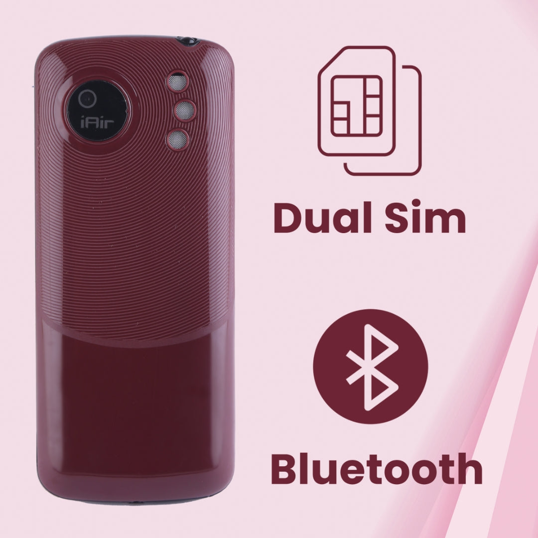iAir D24- Maroon Dual Sim Keypad Phone | 1200 mAH Battery & Big 1.88 Inch Display | Big Torch Light | Wireless FM & Rear Camera | Auto Call Recording |32 MB Ram & 128gb Expandable Storage