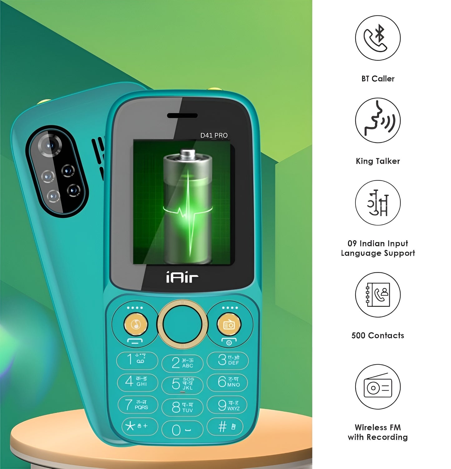 iAir D41 Pro Dual Sim Keypad Phone | 2800 mAH Battery & Big 1.8 Inch Display | Big Torch Light | Wireless FM & Rear Camera | Auto Call Recording | 32 MB Ram & Expandable 128gb Storage