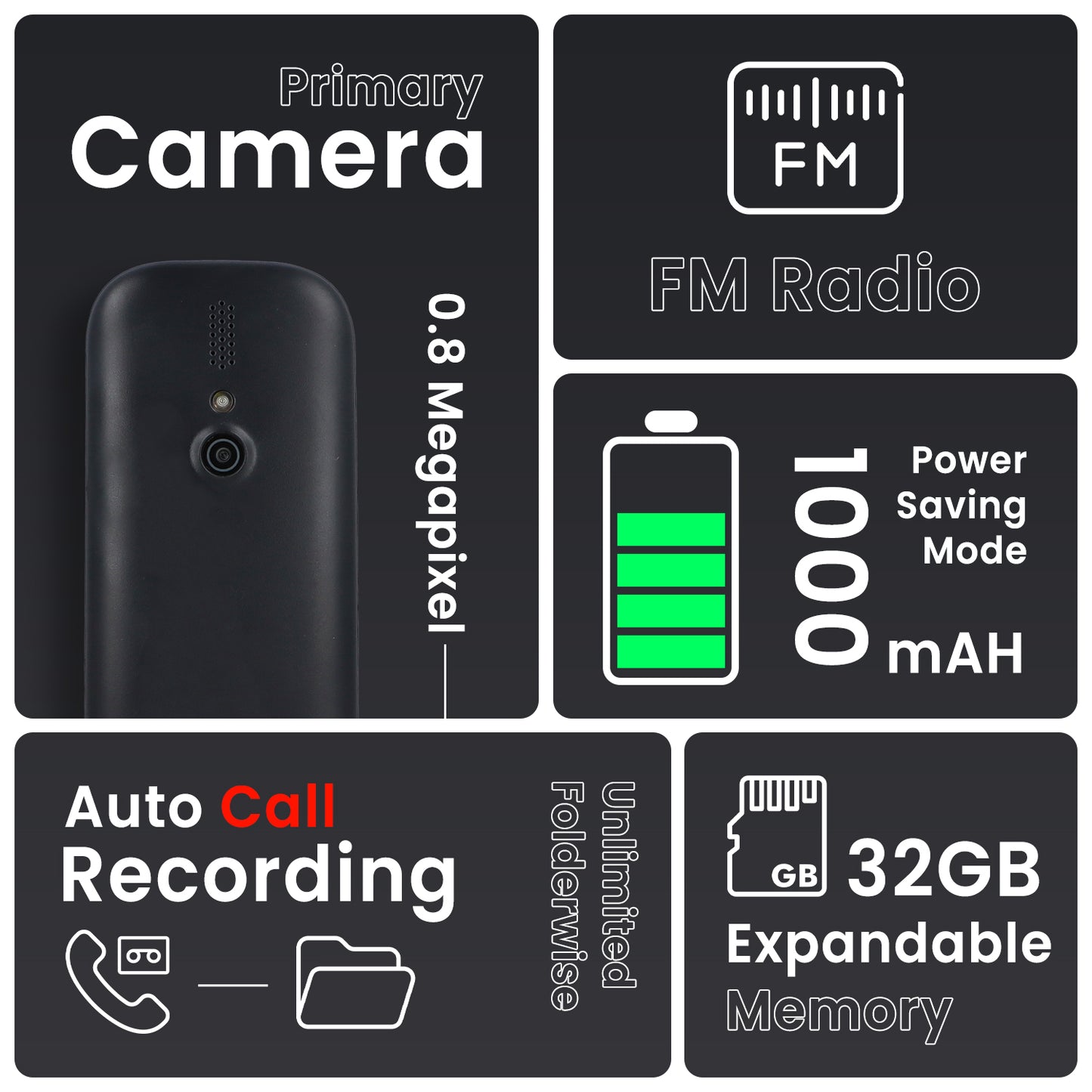 iAir D5 - Black 1.77 Inch Big Display Keypad Mobile Phone with Expandable Storage Upto 32GB, MP3 with Recording, Camera