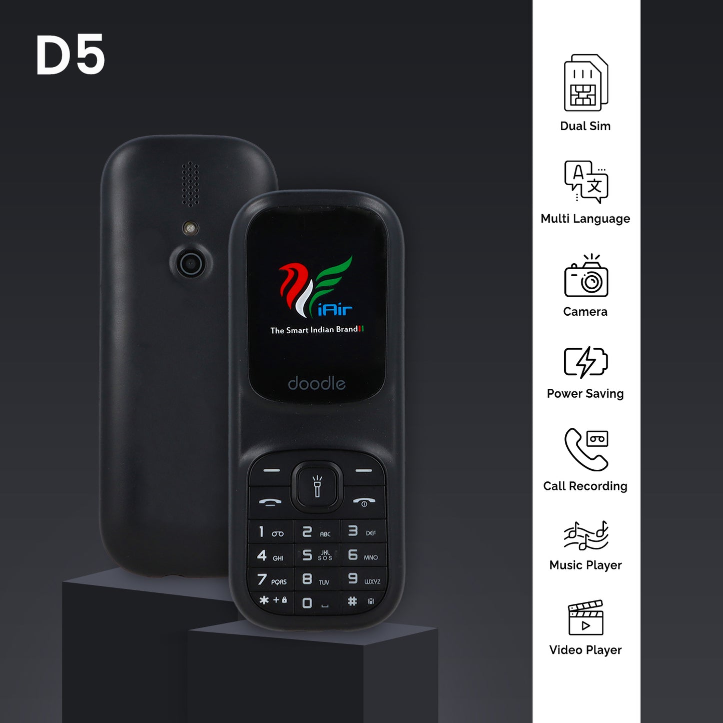 iAir D5 - Black 1.77 Inch Big Display Keypad Mobile Phone with Expandable Storage Upto 32GB, MP3 with Recording, Camera