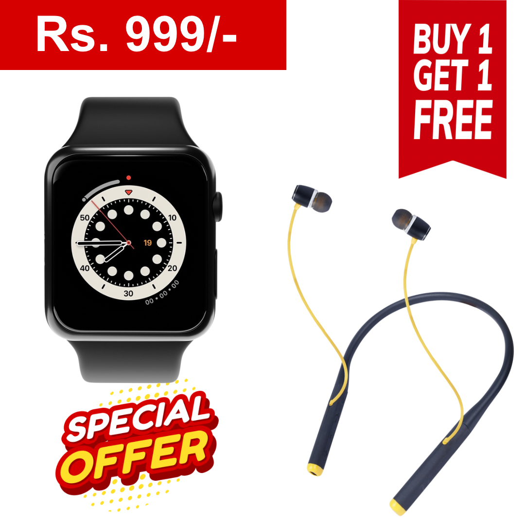 iAir W7 Smartwatch: 1.75" Curved Touch Screen, IP68 Waterproof, Bluetooth Connectivity, Health & Fitness Tracking, Smart Features - Stay Connected and Health With Free Rockstar Bluetooth Neckband (Black)